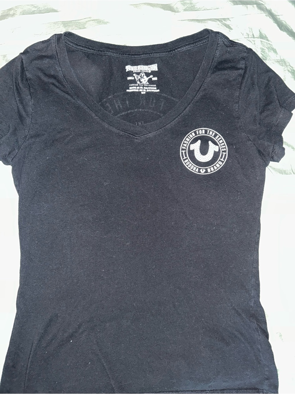 True Religion Black V-Neck Short Sleeve Tee with Logo Chest Emblem